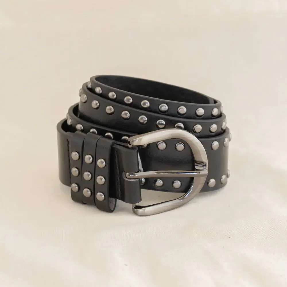 Vintage Black Studded Leather Belt Triple Row Silver Studs Y2K Streetwear Unisex